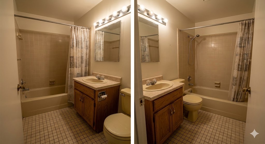 Bathroom before dated two view